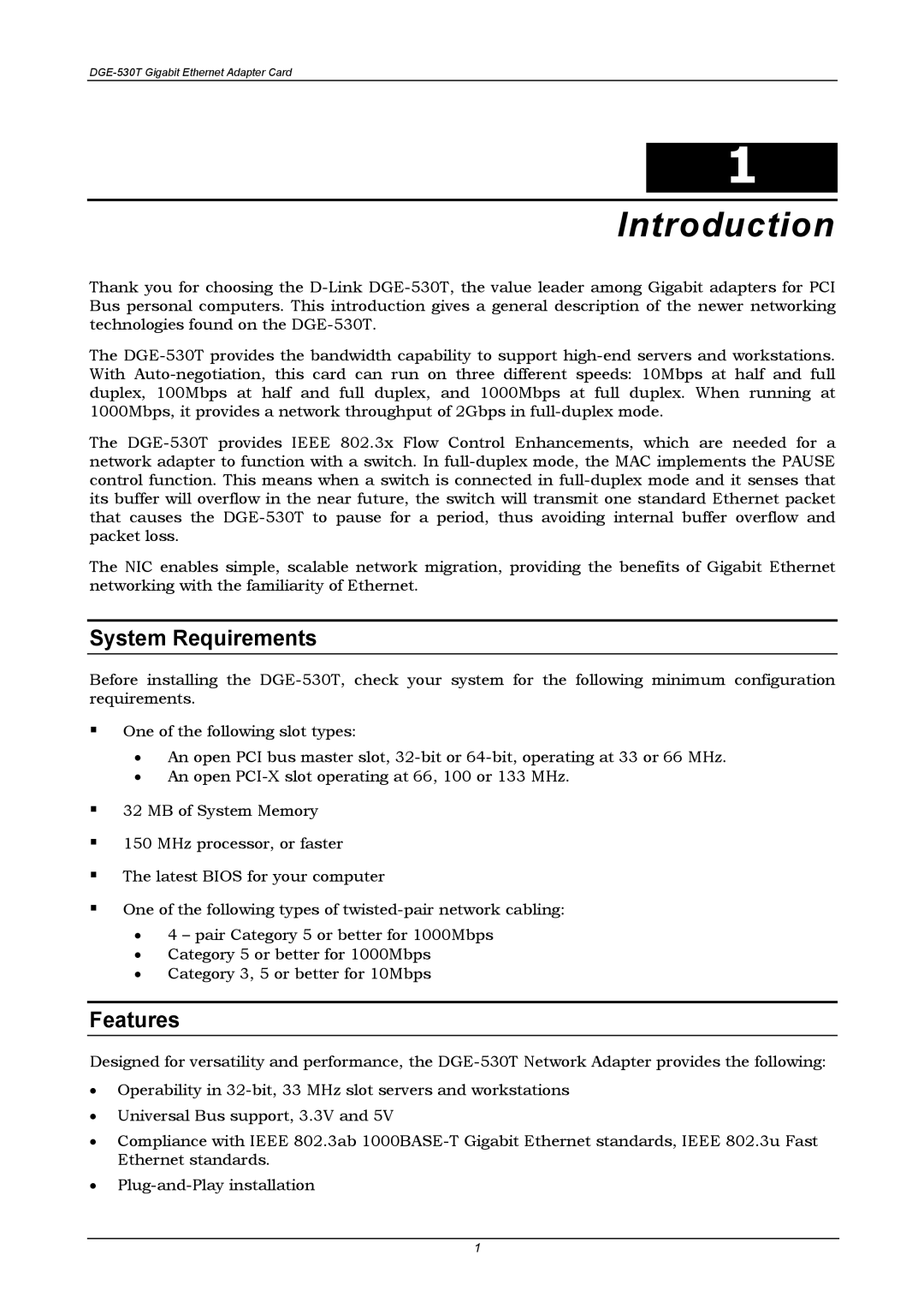 D-Link DGE-530T manual Introduction, System Requirements, Features 