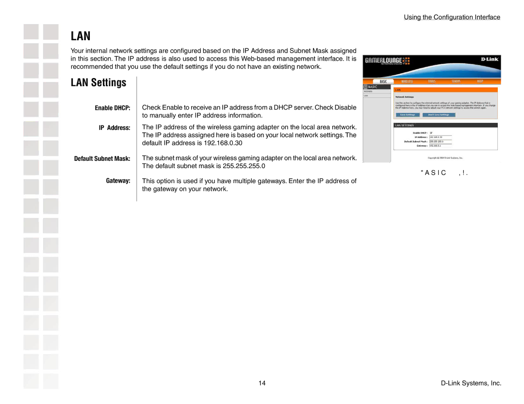 D-Link DGL-3420 manual LAN Settings, Enable Dhcp IP Address Default Subnet Mask Gateway 