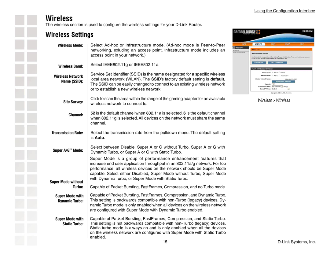 D-Link DGL-3420 Wireless Settings, Wireless Mode Wireless Band, Site Survey Channel Transmission Rate Super A/G Mode 