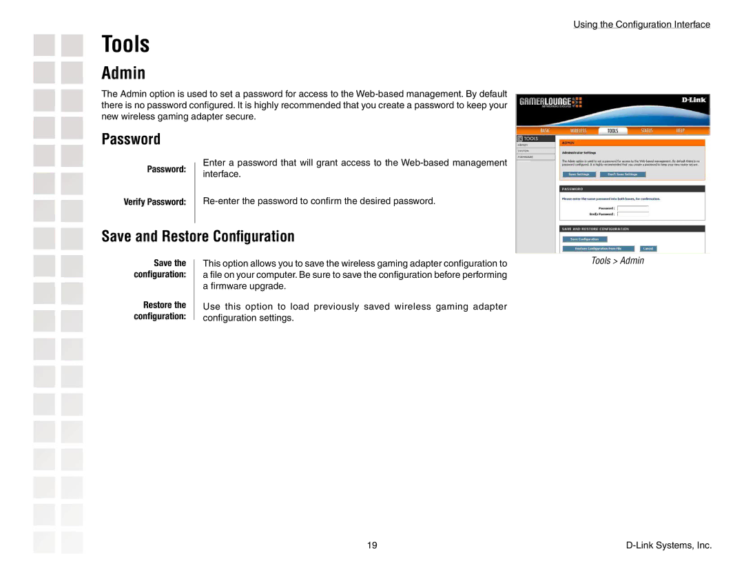 D-Link DGL-3420 manual Admin, Save and Restore Conﬁguration, Password Verify Password 