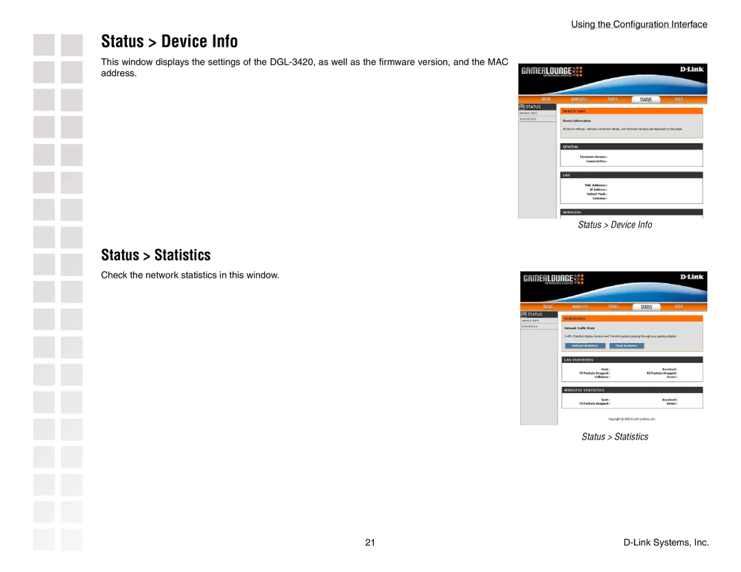 D-Link DGL-3420 manual Status Device Info, Status Statistics 