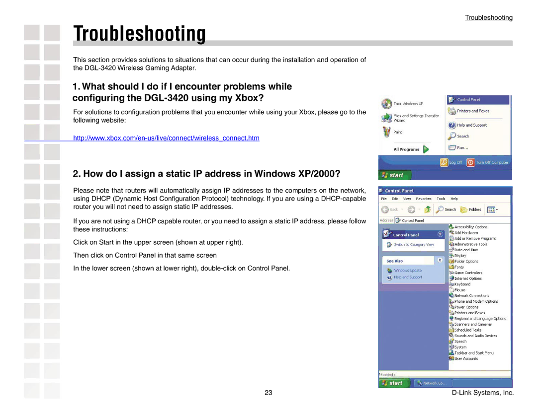 D-Link DGL-3420 manual Troubleshooting, How do I assign a static IP address in Windows XP/2000? 