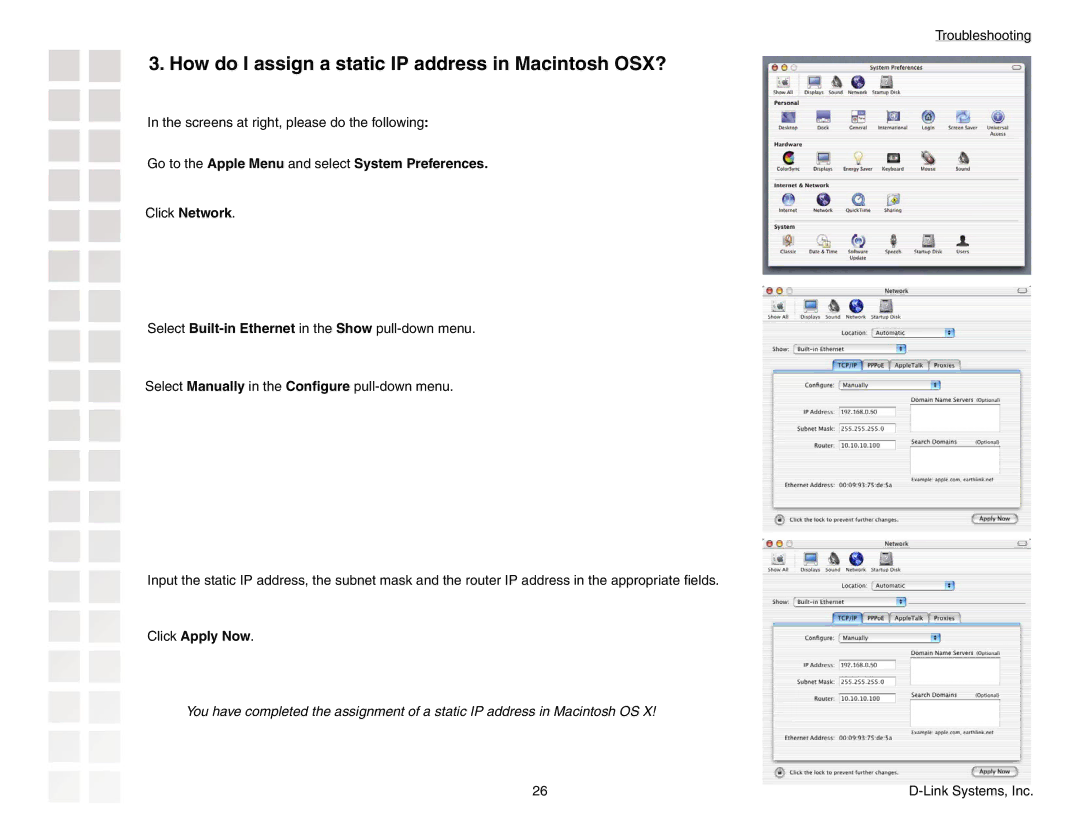 D-Link DGL-3420 manual Go to the Apple Menu and select System Preferences, Click Apply Now 