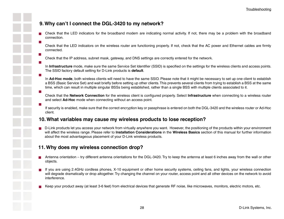 D-Link manual Why can’t I connect the DGL-3420 to my network? 