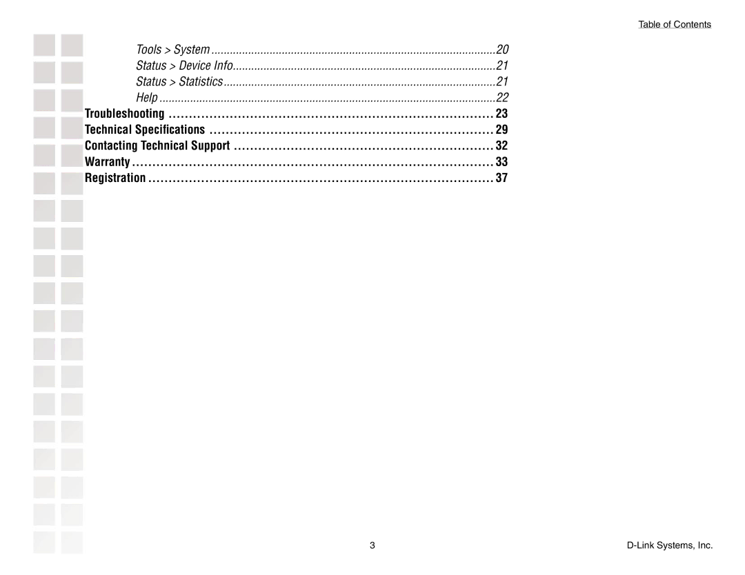 D-Link DGL-3420 manual Tools System Status Device Info Status Statistics Help 