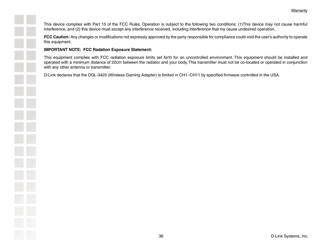 D-Link DGL-3420 manual Important Note FCC Radation Exposure Statement 