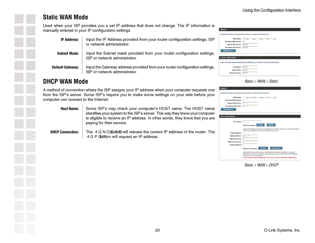 D-Link DGL-4300 manual Static WAN Mode, Dhcp WAN Mode, IP Address Subnet Mask Default Gateway, Host Name Dhcp Connection 