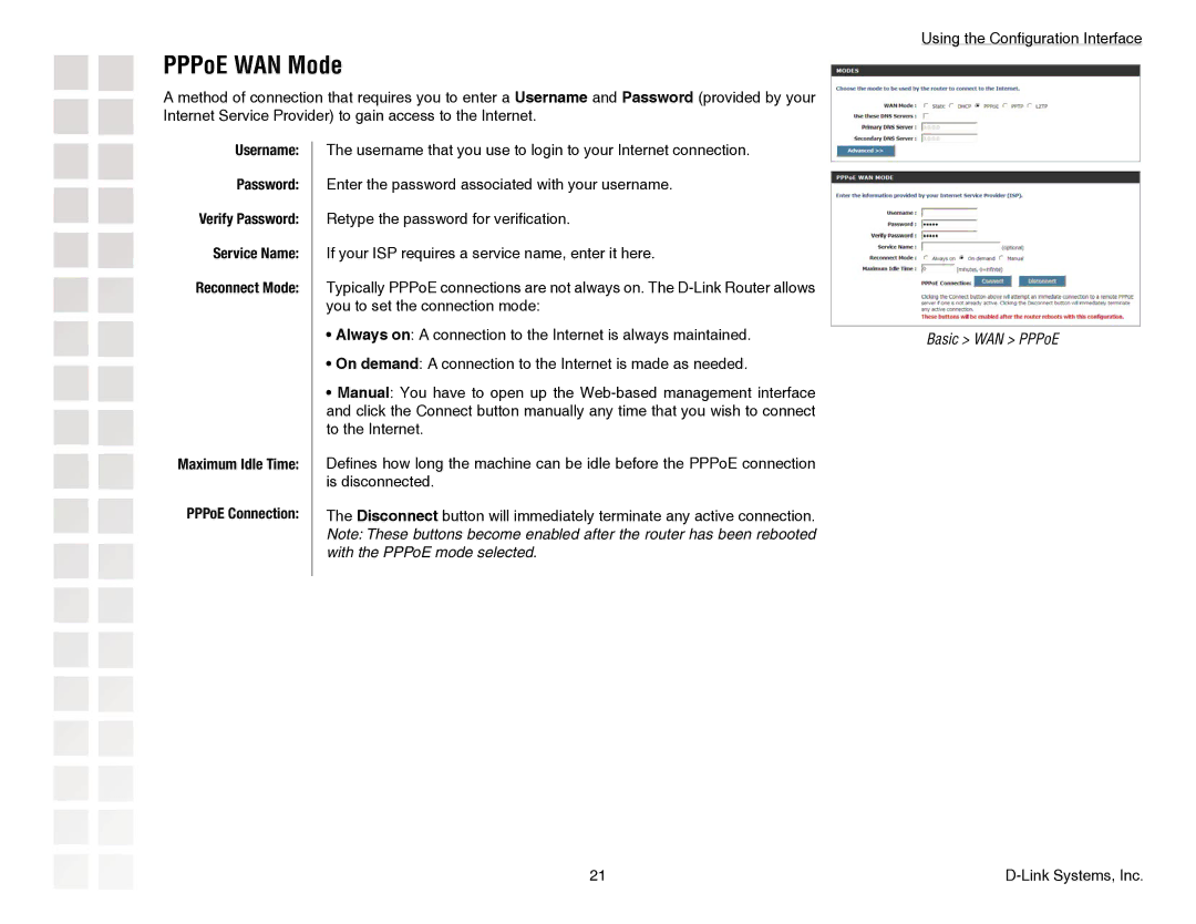 D-Link DGL-4300 manual PPPoE WAN Mode, Username, Maximum Idle Time PPPoE Connection 