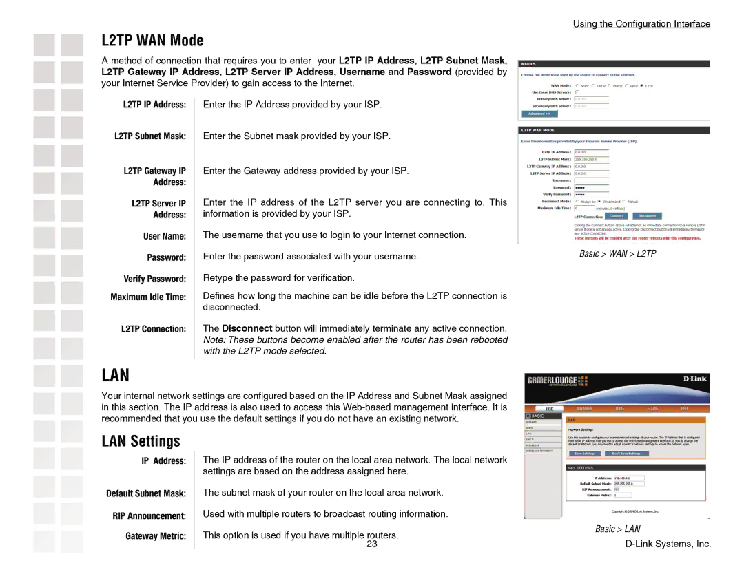 D-Link DGL-4300 manual L2TP WAN Mode, LAN Settings 