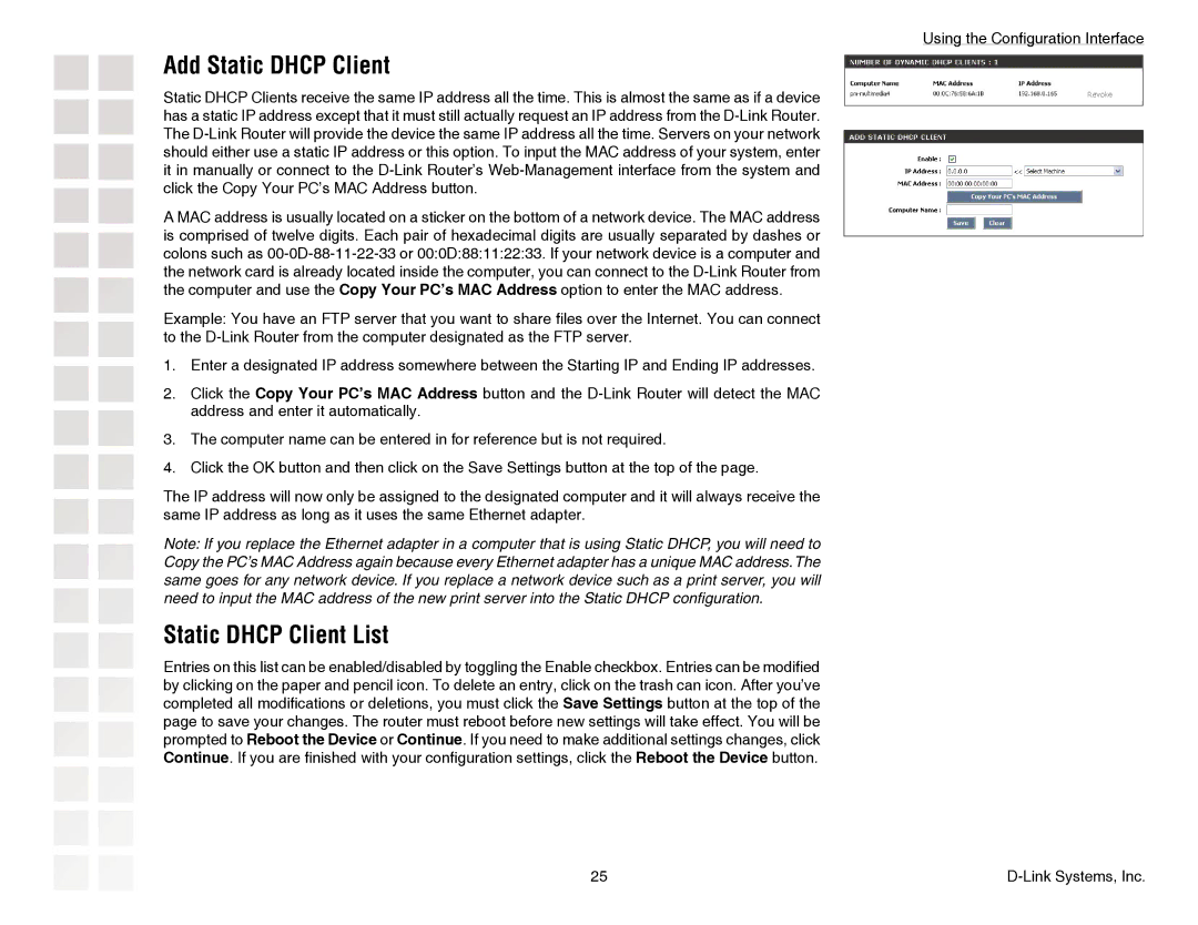 D-Link DGL-4300 manual Add Static Dhcp Client, Static Dhcp Client List 