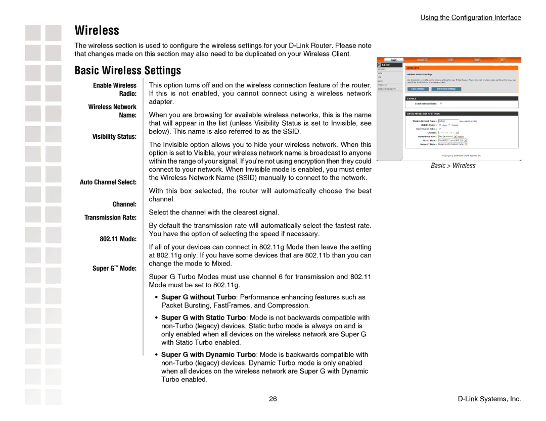 D-Link DGL-4300 manual Basic Wireless Settings, Mode Super G Mode 