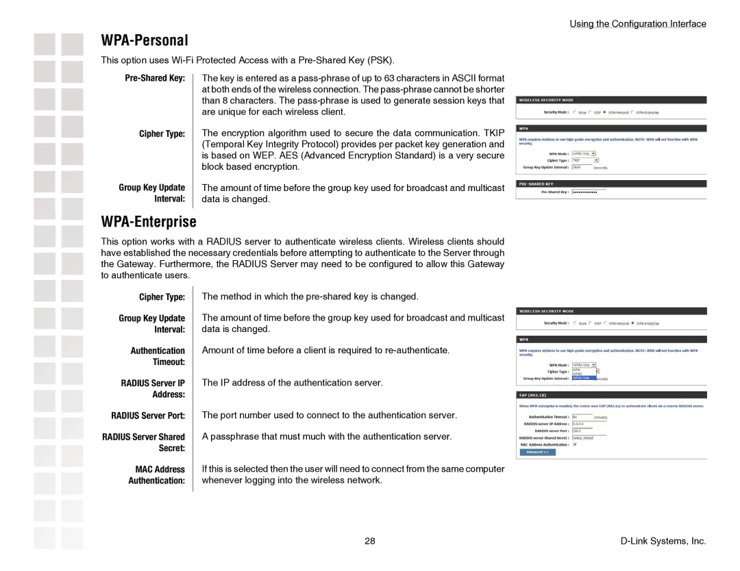 D-Link DGL-4300 manual WPA-Personal, WPA-Enterprise 