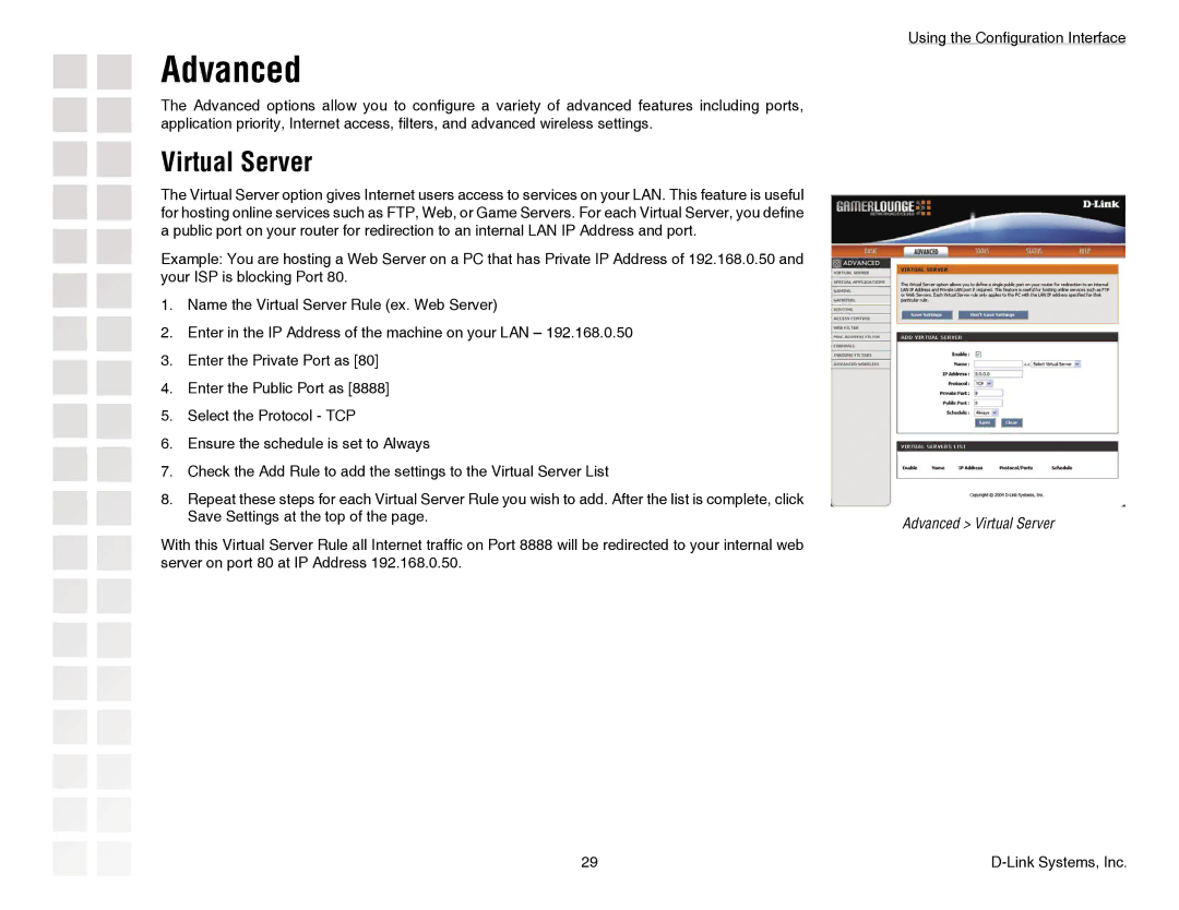 D-Link DGL-4300 manual Advanced, Virtual Server 