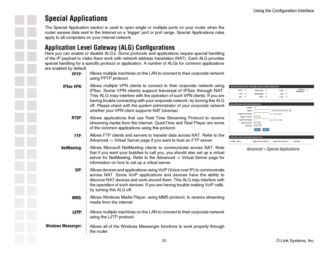 D-Link DGL-4300 manual Special Applications, Application Level Gateway ALG Conﬁgurations, IPSec VPN, NetMeeting 