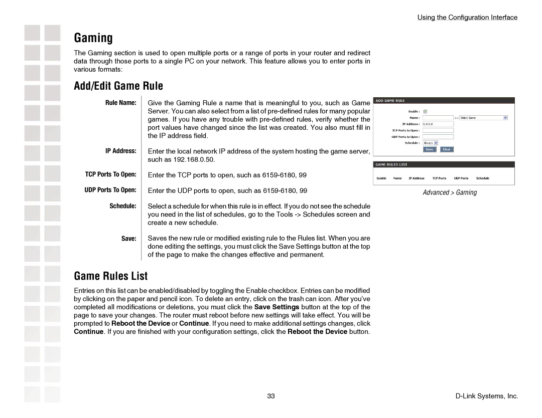 D-Link DGL-4300 manual Gaming, Add/Edit Game Rule, Game Rules List, Rule Name IP Address 