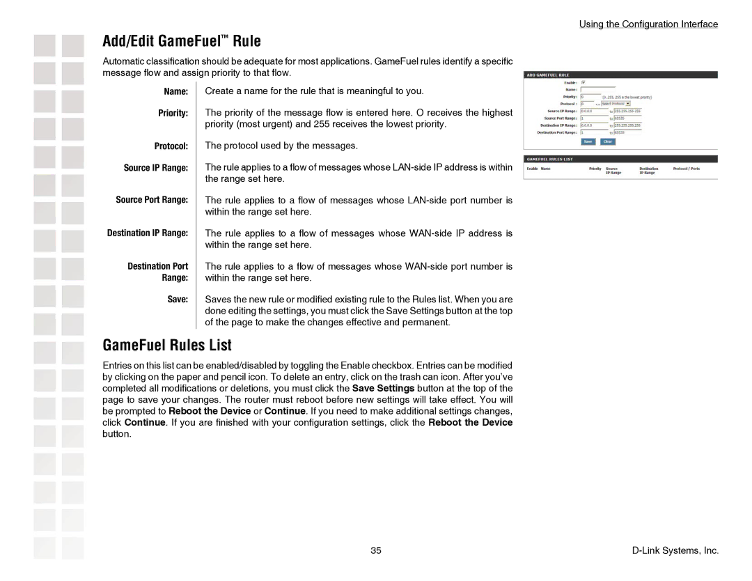 D-Link DGL-4300 manual Add/Edit GameFuel Rule, GameFuel Rules List, Name Priority 