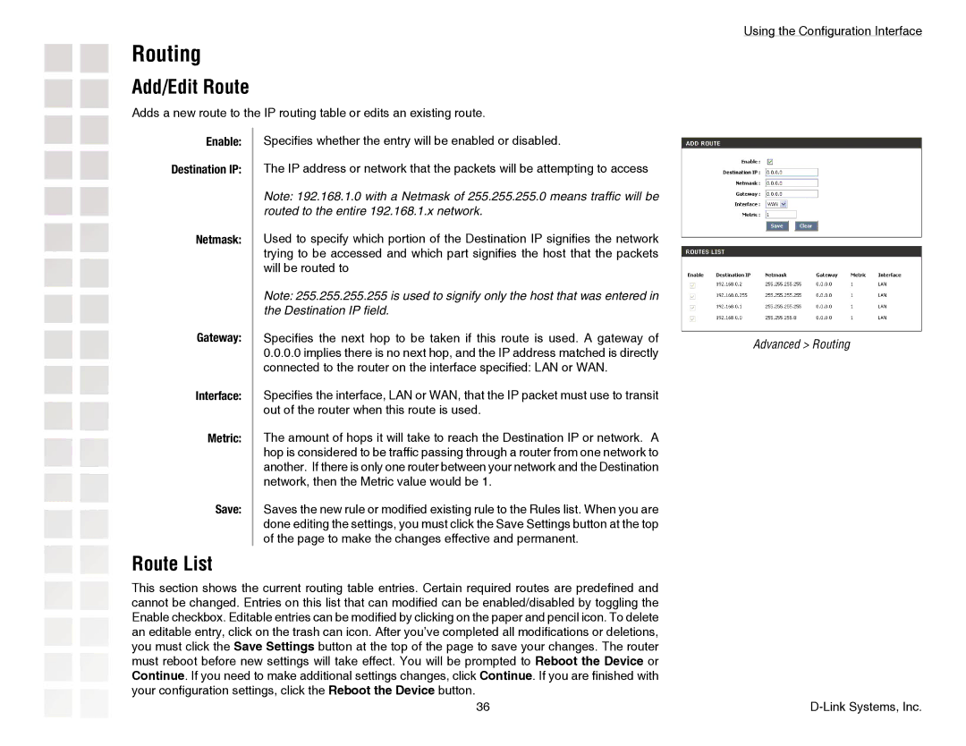 D-Link DGL-4300 manual Routing, Add/Edit Route, Route List, Netmask Gateway Interface Metric Save 