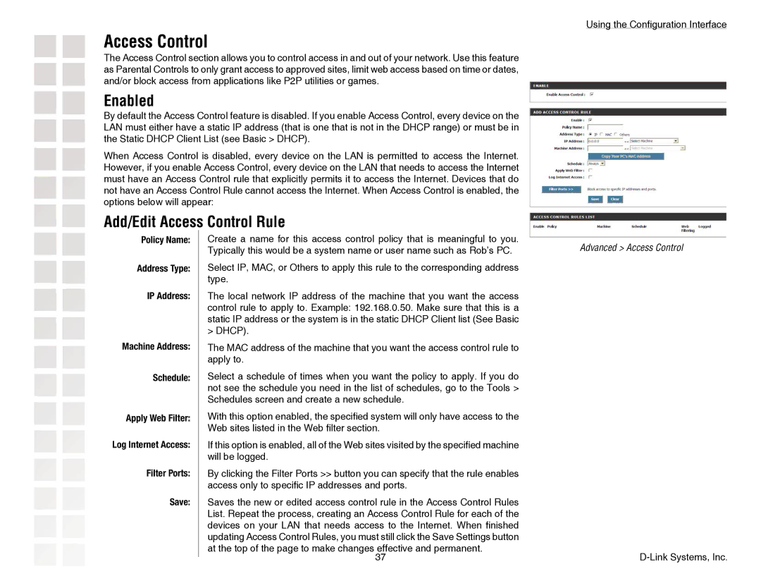 D-Link DGL-4300 manual Enabled, Add/Edit Access Control Rule, Policy Name Address Type IP Address 