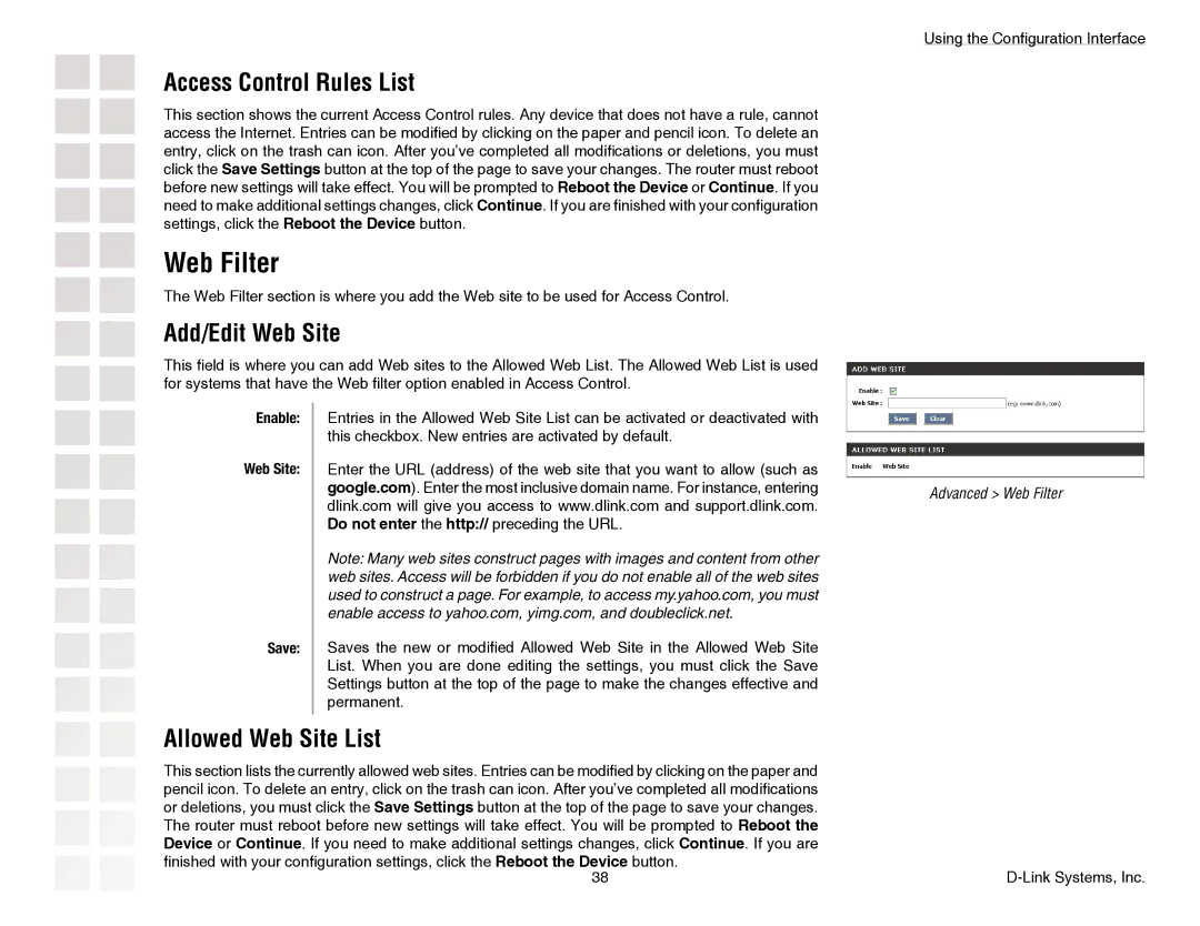 D-Link DGL-4300 manual Web Filter, Access Control Rules List, Add/Edit Web Site, Allowed Web Site List, Enable 