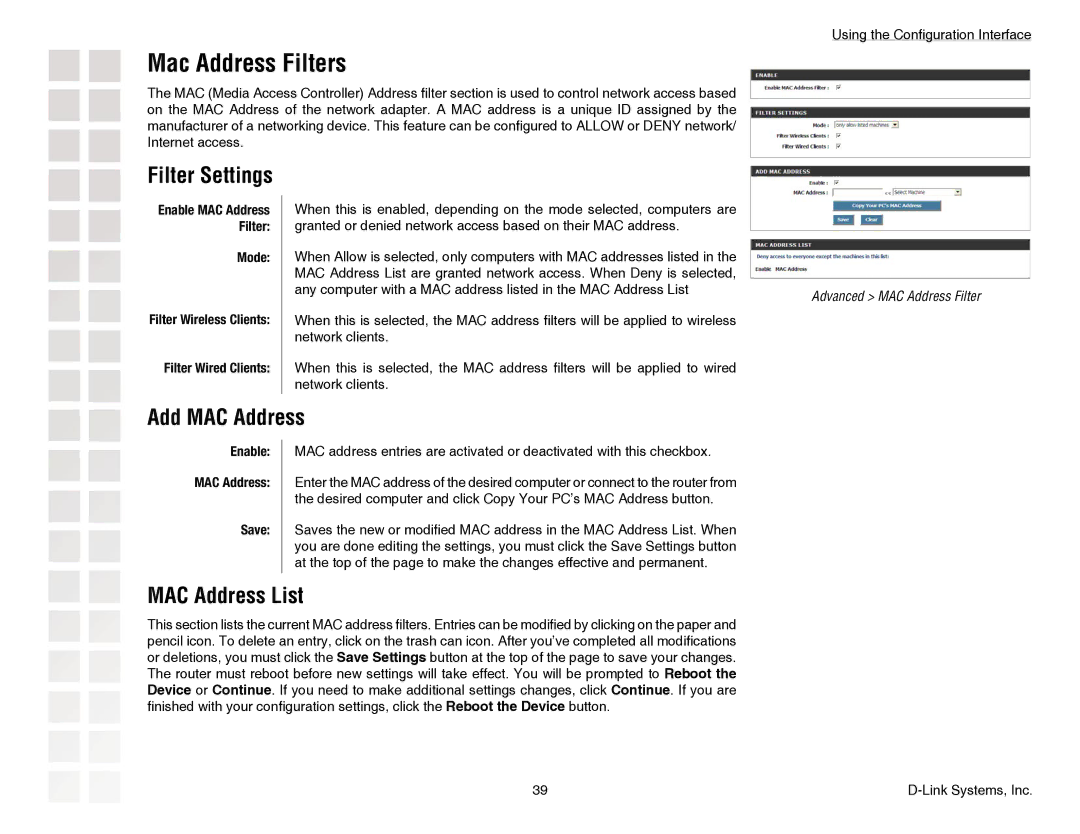 D-Link DGL-4300 manual Mac Address Filters, Filter Settings, Add MAC Address, MAC Address List 