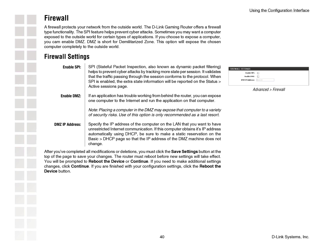 D-Link DGL-4300 manual Firewall Settings, Enable SPI Enable DMZ DMZ IP Address 