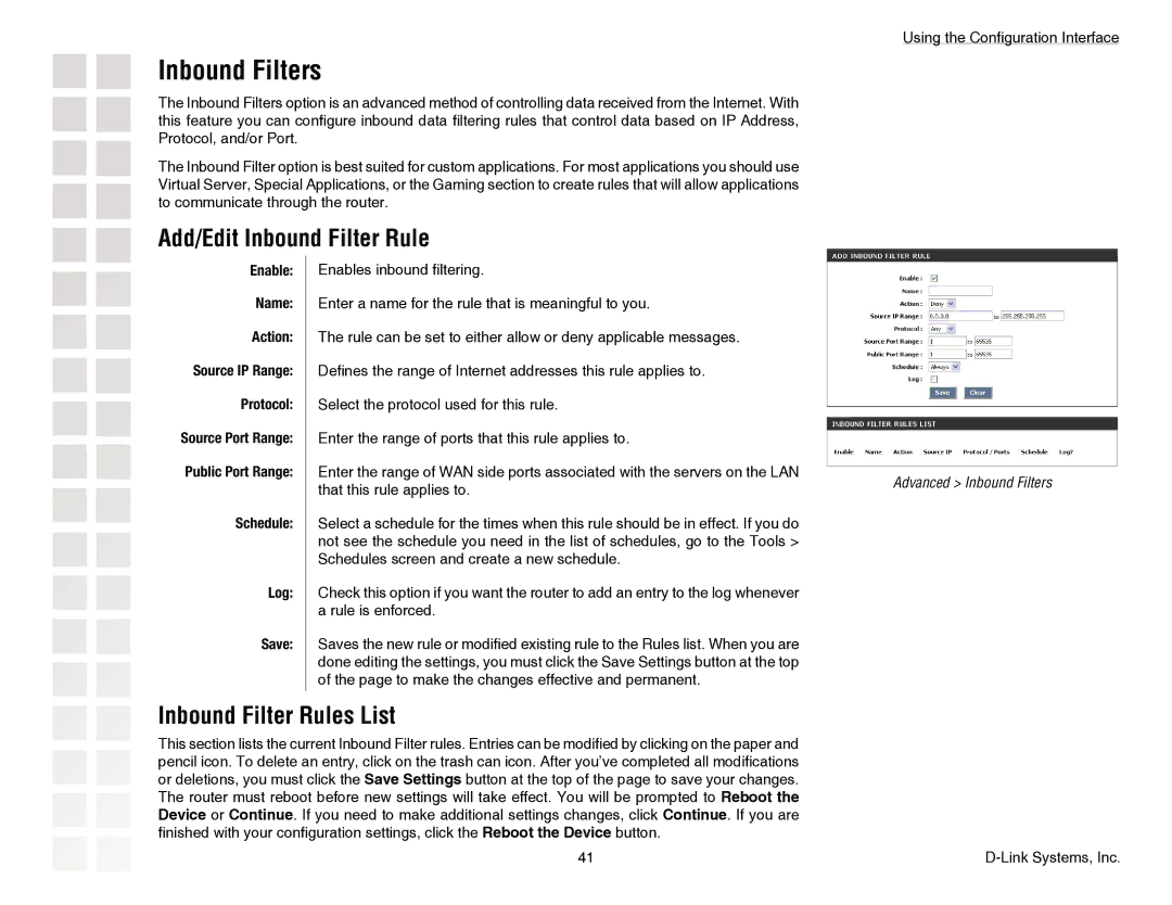 D-Link DGL-4300 manual Inbound Filters, Add/Edit Inbound Filter Rule, Inbound Filter Rules List, Enable Name 