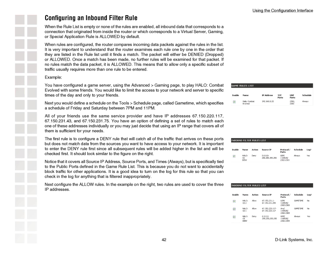 D-Link DGL-4300 manual Conﬁguring an Inbound Filter Rule 