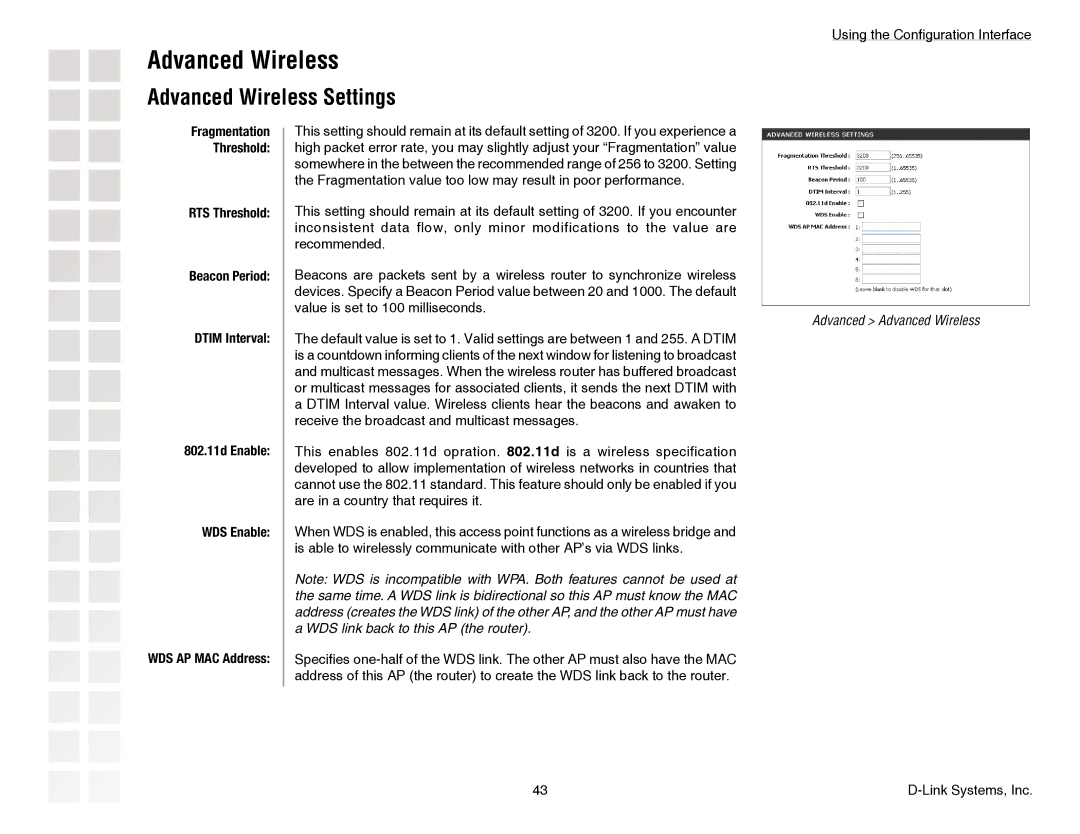 D-Link DGL-4300 manual Advanced Wireless Settings 