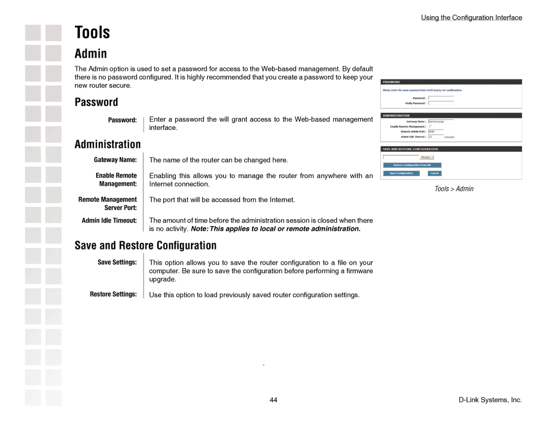 D-Link DGL-4300 manual Tools, Admin, Password, Save and Restore Conﬁguration, Save Settings Restore Settings 