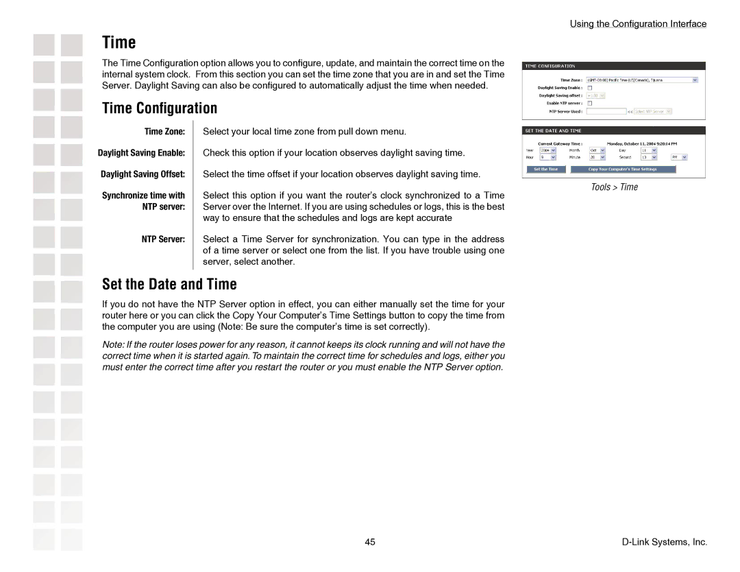 D-Link DGL-4300 manual Time Conﬁguration, Set the Date and Time 