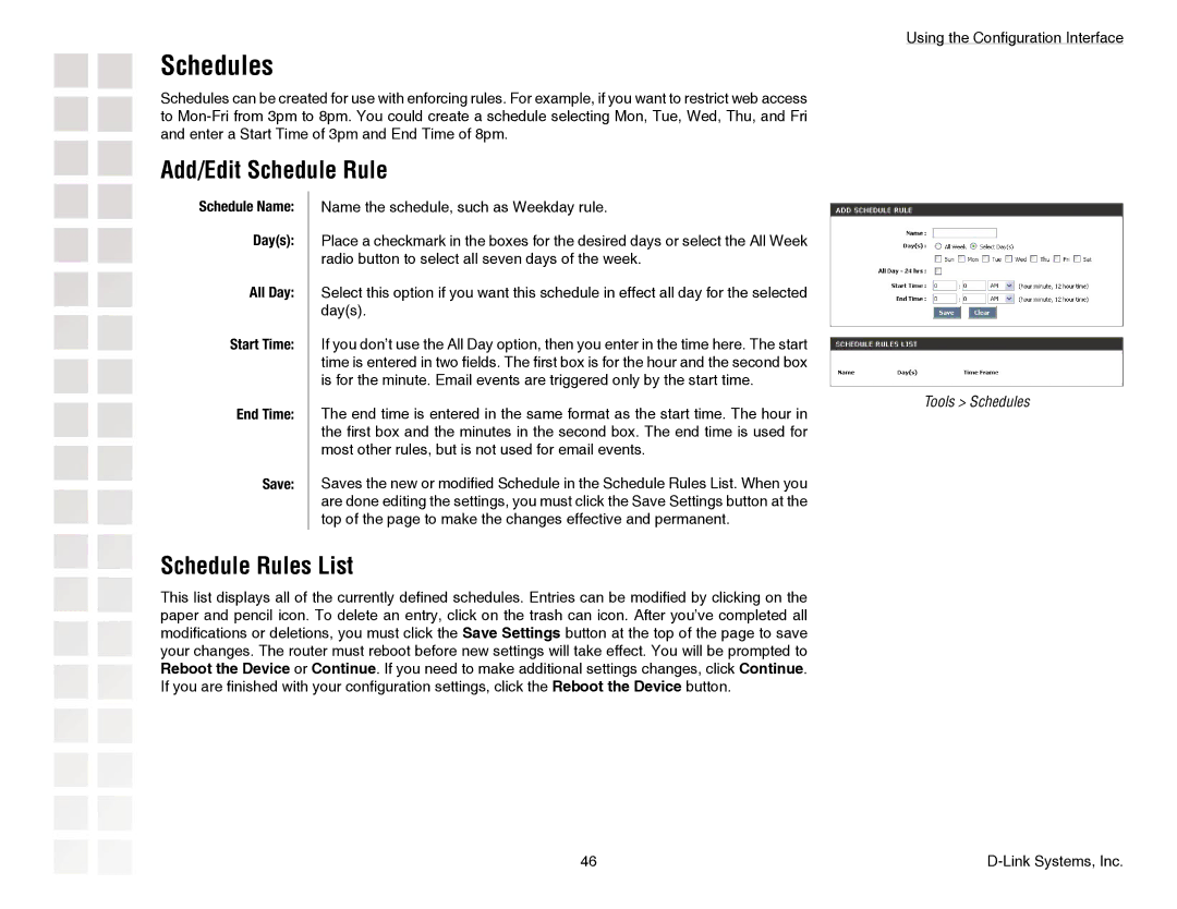 D-Link DGL-4300 manual Schedules, Add/Edit Schedule Rule, Schedule Rules List, All Day, Start Time End Time 