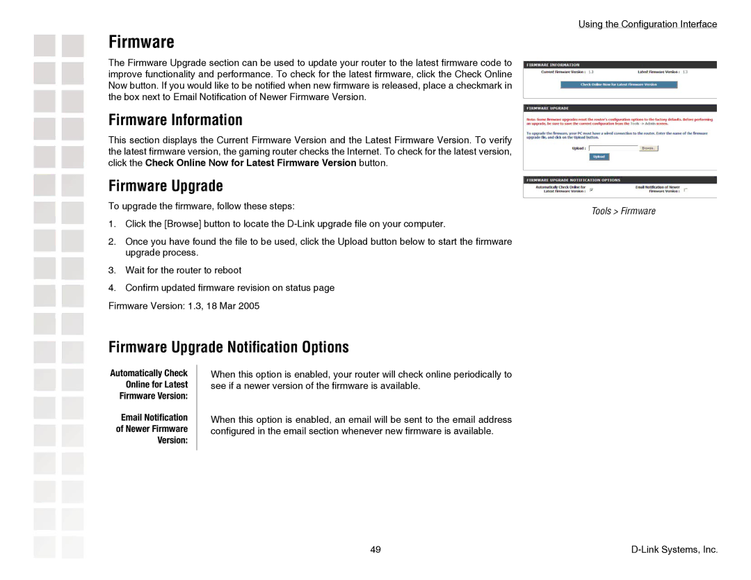 D-Link DGL-4300 manual Firmware Information, Firmware Upgrade Notiﬁcation Options 