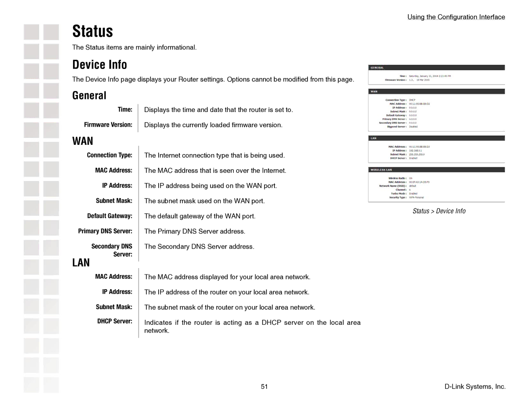 D-Link DGL-4300 manual Status, Device Info, General, Server 