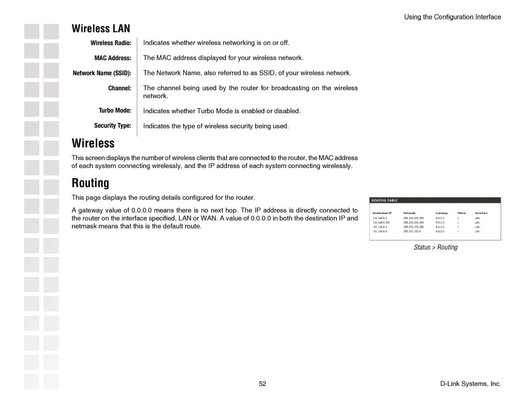 D-Link DGL-4300 manual Wireless LAN, Wireless Radio, Channel Turbo Mode Security Type 