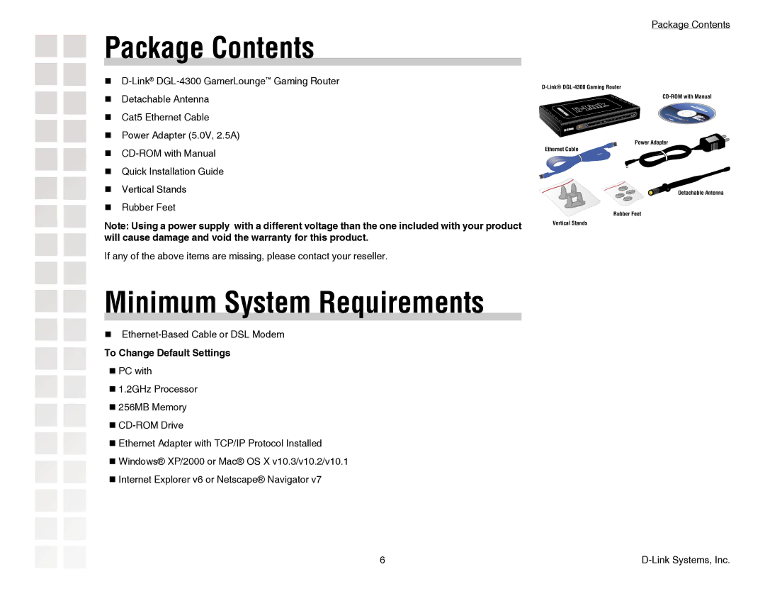 D-Link DGL-4300 manual Package Contents, Minimum System Requirements 