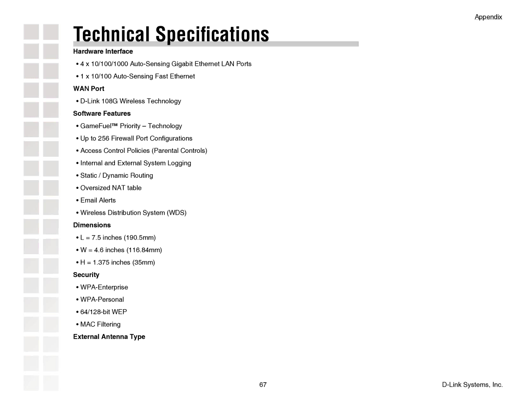 D-Link DGL-4300 manual Technical Speciﬁcations 