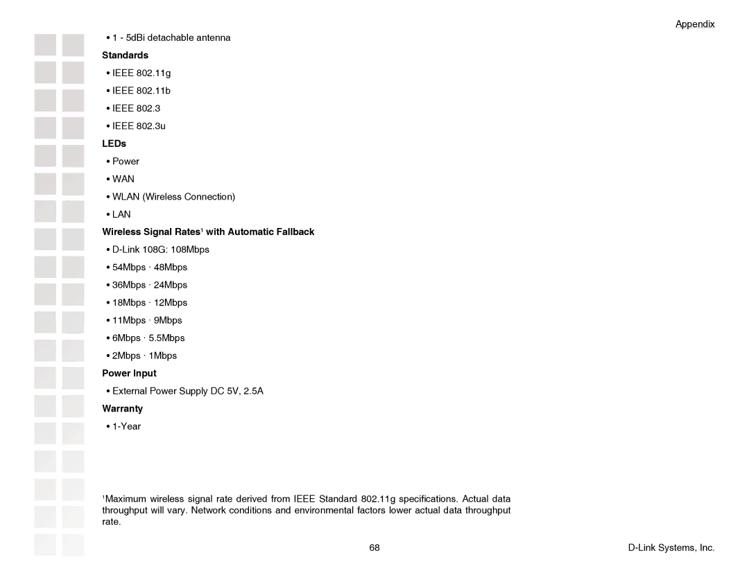 D-Link DGL-4300 manual Standards, LEDs, Wireless Signal Rates1 with Automatic Fallback, Power Input, Warranty 