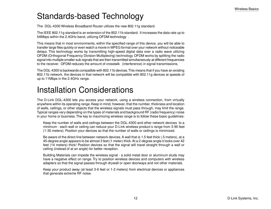 D-Link DGL-4300 manual Standards-based Technology, Installation Considerations 