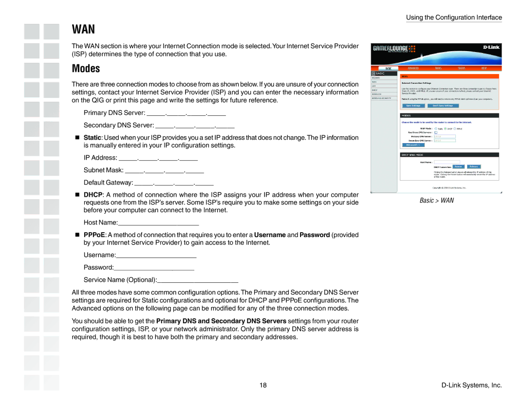 D-Link DGL-4300 manual Wan, Modes 