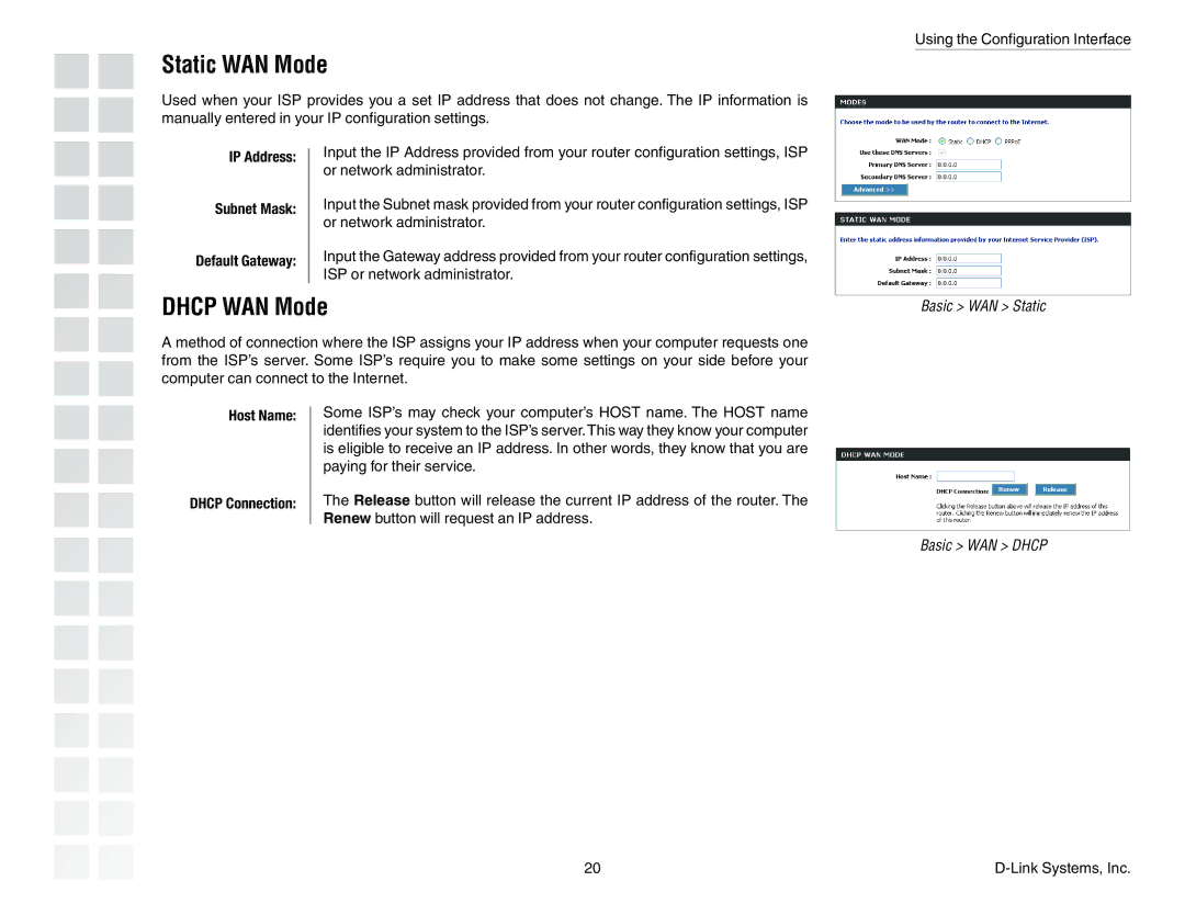 D-Link DGL-4300 manual Static WAN Mode, Dhcp WAN Mode, IP Address Subnet Mask Default Gateway, Host Name Dhcp Connection 