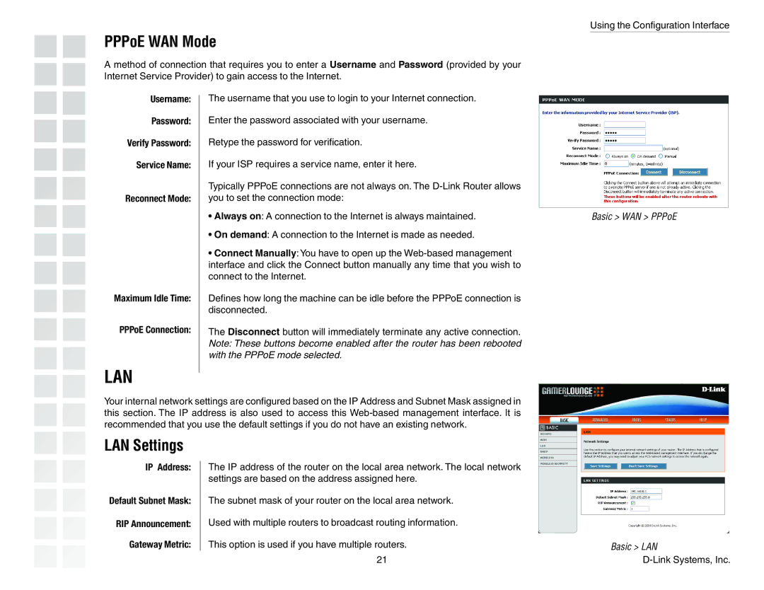 D-Link DGL-4300 manual PPPoE WAN Mode, LAN Settings, IP Address Default Subnet Mask 