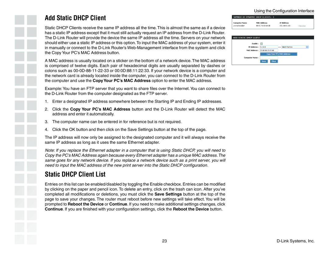 D-Link DGL-4300 manual Add Static Dhcp Client, Static Dhcp Client List 