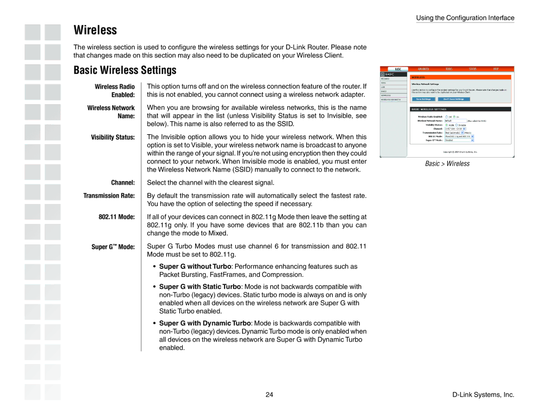 D-Link DGL-4300 manual Basic Wireless Settings 