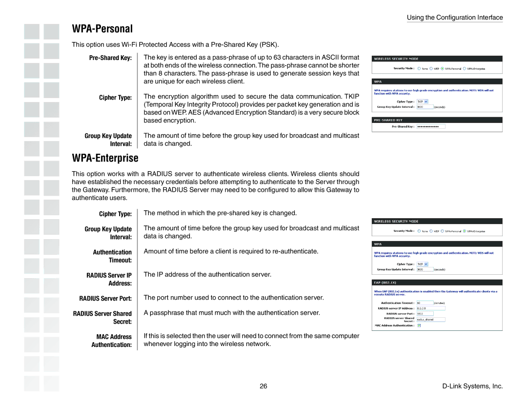 D-Link DGL-4300 manual WPA-Personal, WPA-Enterprise 