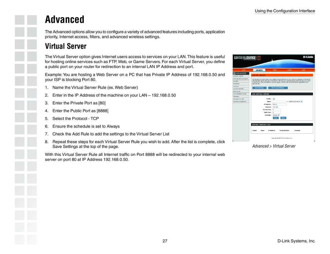 D-Link DGL-4300 manual Advanced, Virtual Server 