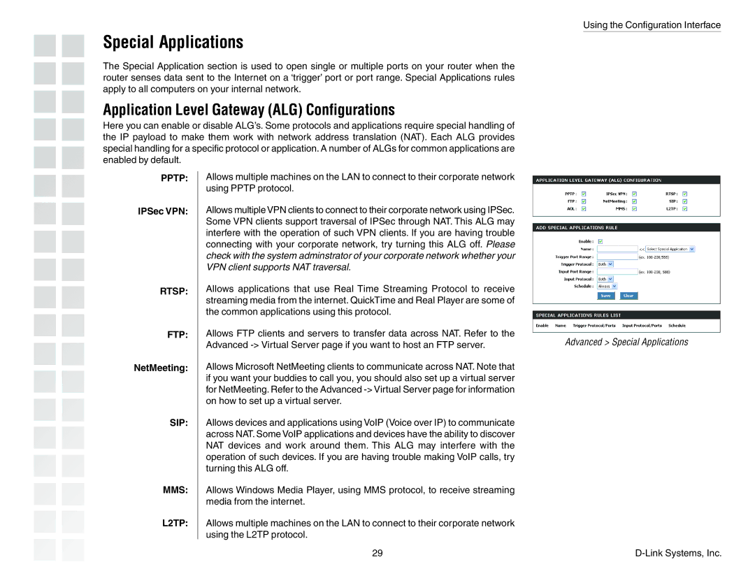 D-Link DGL-4300 manual Special Applications, Application Level Gateway ALG Configurations 