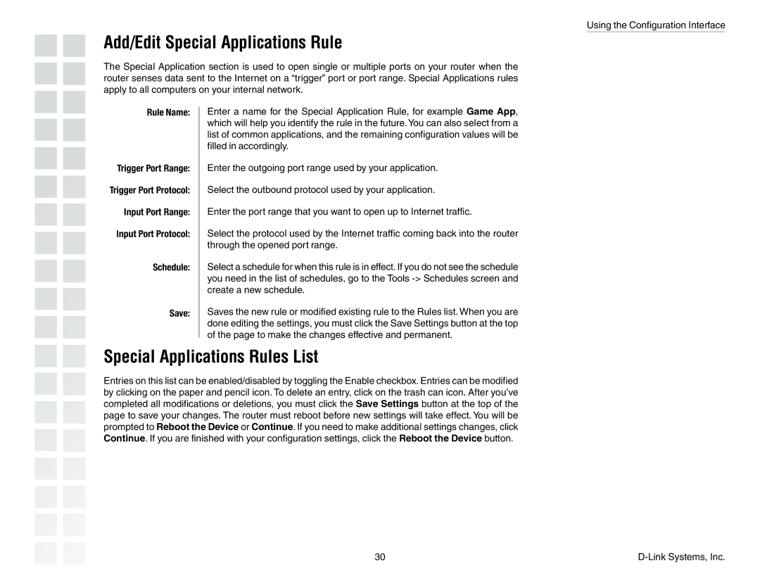 D-Link DGL-4300 manual Add/Edit Special Applications Rule, Special Applications Rules List, Rule Name Trigger Port Range 