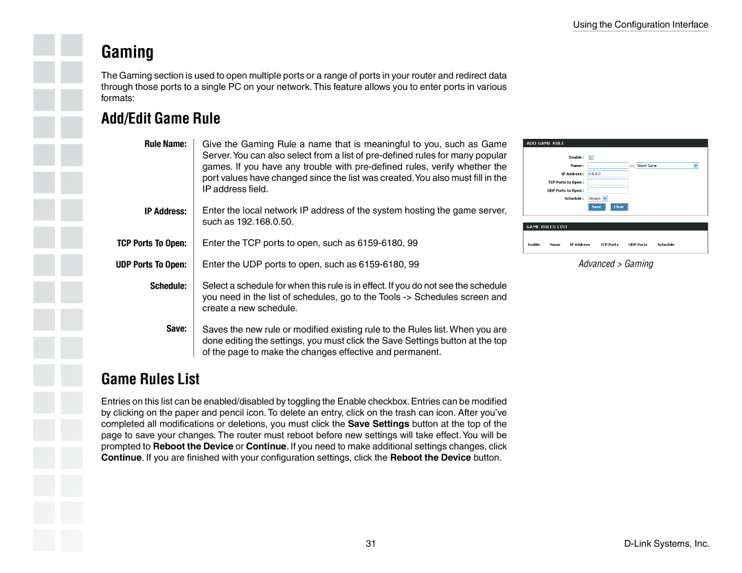 D-Link DGL-4300 manual Gaming, Add/Edit Game Rule, Game Rules List, Rule Name IP Address, Schedule Save 