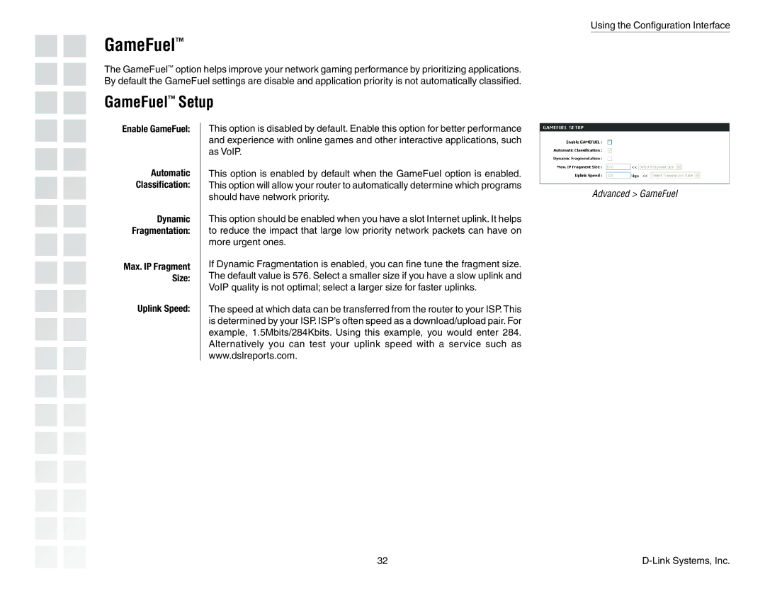 D-Link DGL-4300 manual GameFuel Setup, Enable GameFuel, Uplink Speed 