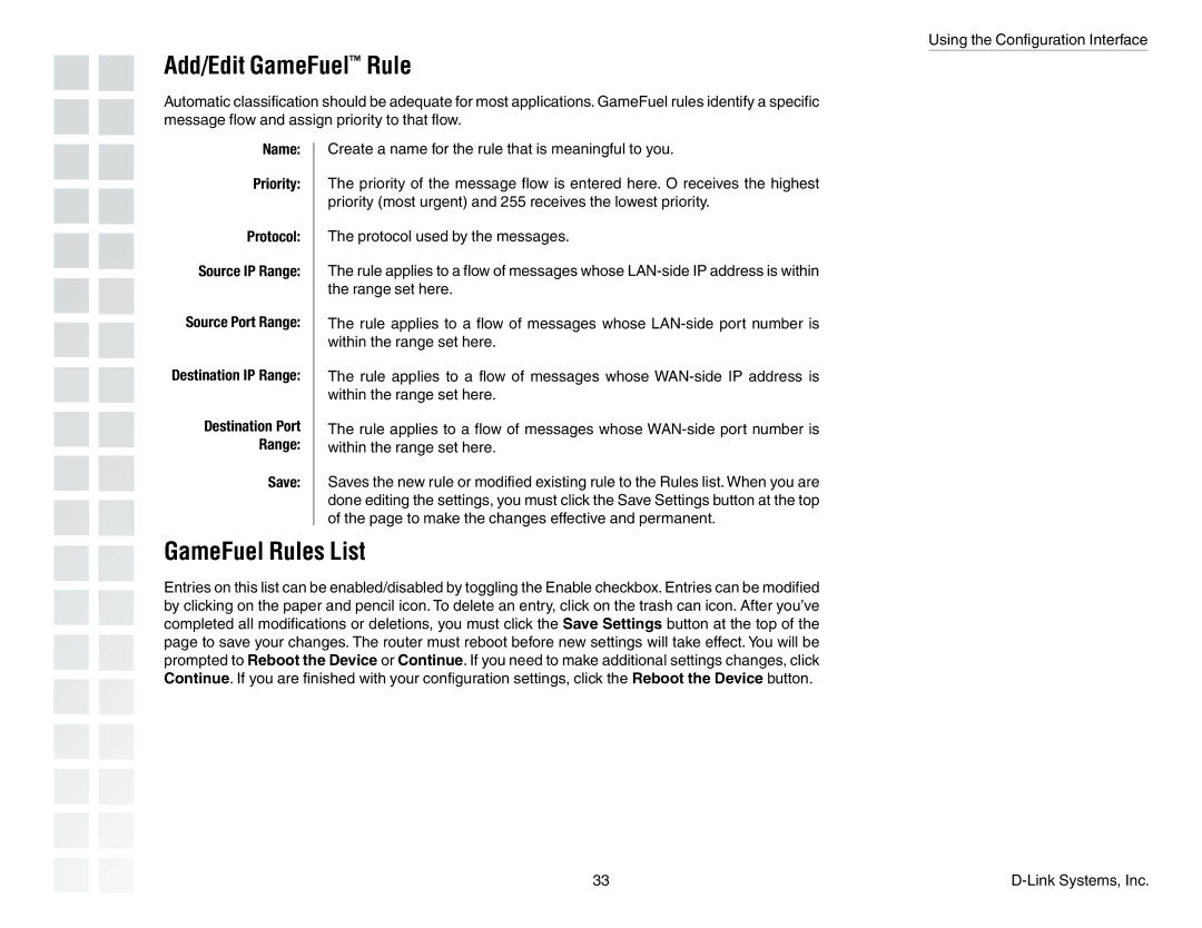 D-Link DGL-4300 manual Add/Edit GameFuel Rule, GameFuel Rules List 